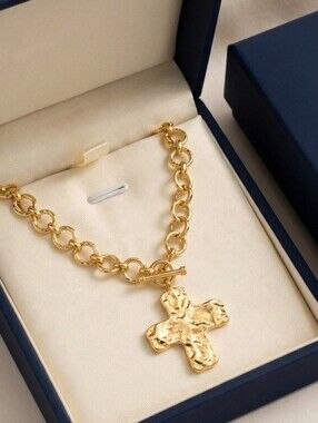 Hammered Gold Cross Pendant With Chain Necklace